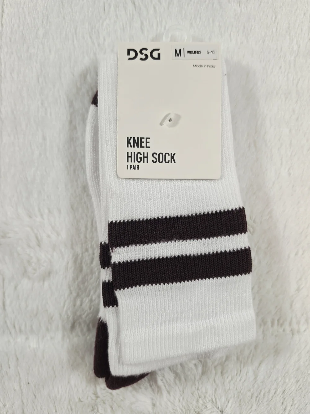 DSG White Knee-High Socks with Burgundy Double Stripes(SOC-55)